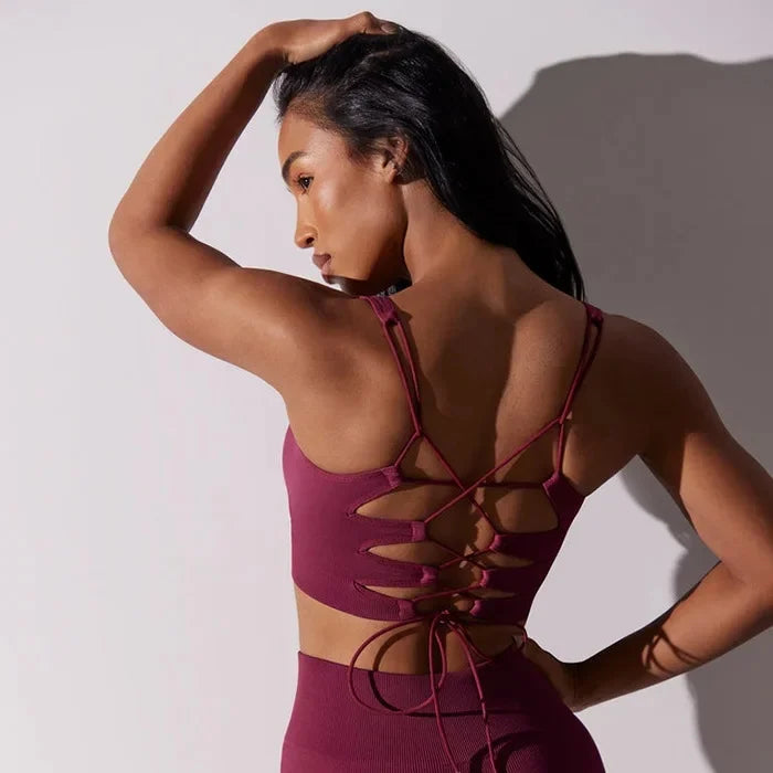 Elevate Your Workout with Our Sexy Backless Strap Sports Bra and Shorts Fitness Set - Seamless Yoga & Gym Outfit for Women