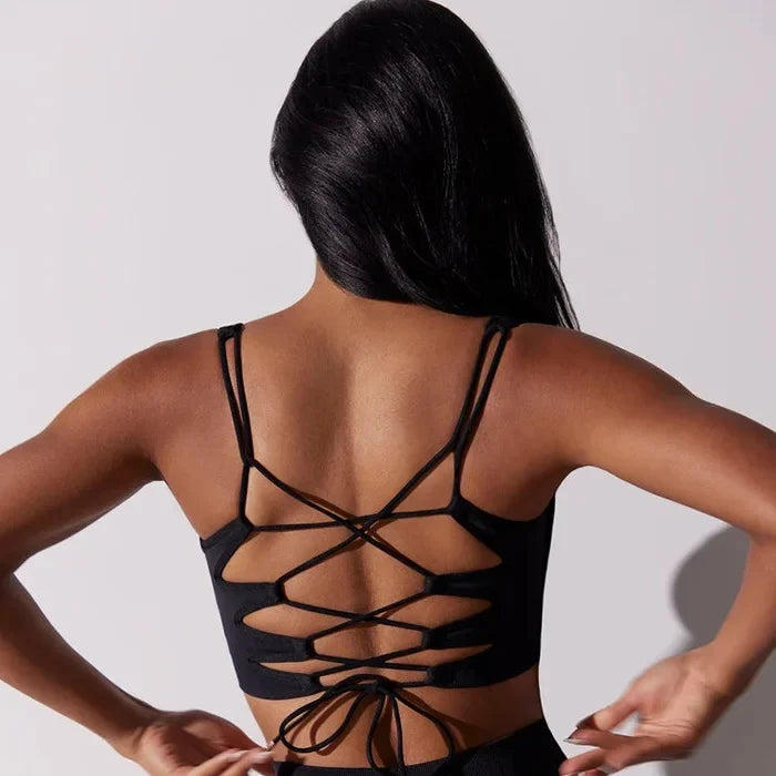Elevate Your Workout with Our Sexy Backless Strap Sports Bra and Shorts Fitness Set - Seamless Yoga & Gym Outfit for Women