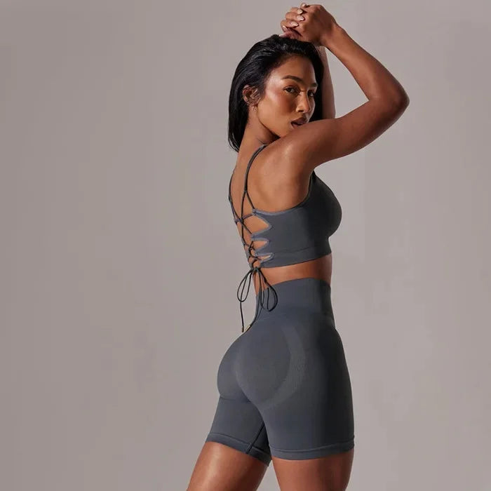 Elevate Your Workout with Our Sexy Backless Strap Sports Bra and Shorts Fitness Set - Seamless Yoga & Gym Outfit for Women