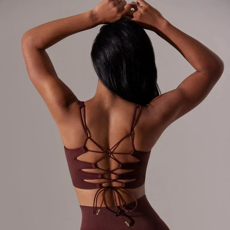 Elevate Your Workout with Our Sexy Backless Strap Sports Bra and Shorts Fitness Set - Seamless Yoga & Gym Outfit for Women