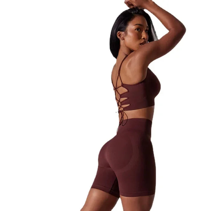 Elevate Your Workout with Our Sexy Backless Strap Sports Bra and Shorts Fitness Set - Seamless Yoga & Gym Outfit for Women