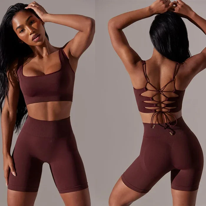 Elevate Your Workout with Our Sexy Backless Strap Sports Bra and Shorts Fitness Set - Seamless Yoga & Gym Outfit for Women
