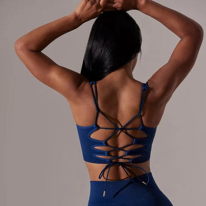Elevate Your Workout with Our Sexy Backless Strap Sports Bra and Shorts Fitness Set - Seamless Yoga & Gym Outfit for Women