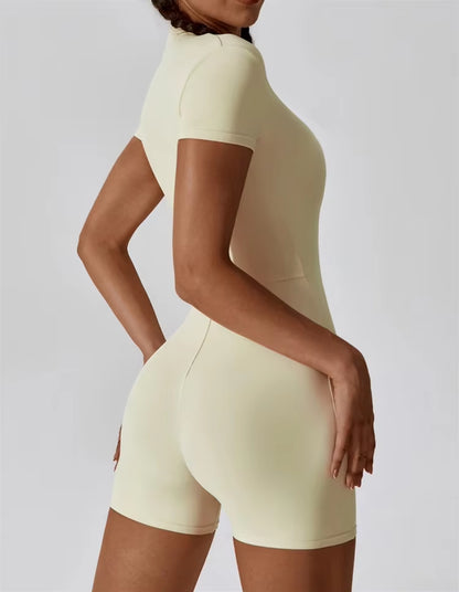 European and American Nude One-Piece Yoga Suit with Stand up Collar, Half Zipper, Short Sleeved Fitness Jumpsuit, Tight Fitting