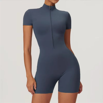 European and American Nude One-Piece Yoga Suit with Stand up Collar, Half Zipper, Short Sleeved Fitness Jumpsuit, Tight Fitting